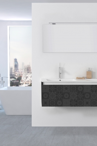 <p>
	Pack formado por mueble de 120 cm realizado en material estratificado alto brillo con frontal decorado mediante técnica láser. Cajón totalmente extraible y cierre soft-closing. Incluye lavabo cerámico de color blanco con dos senos, espejo y foco iluminación LED de 100cm. Fabricado en España.</p>
