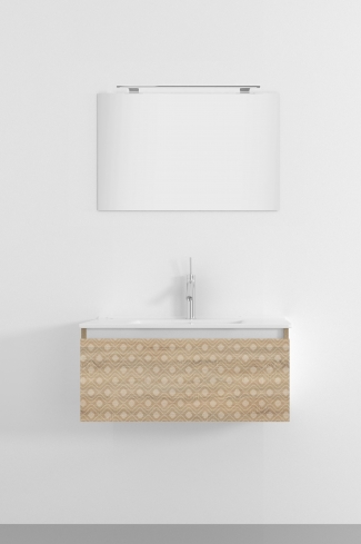 <p>
	Pack formado por mueble de 80 cm realizado en material laminado acabado madera con frontal decorado mediante técnica láser. Cajón totalmente extraible y cierre soft-closing. Incluye lavabo cerámico de color blanco, espejo y foco iluminación LED de 60cm. Fabricado en España.</p>

