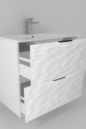 <p>
	Pack formado por mueble de baño realizado en material DM, lacado alto brillo con relieve. Está formado por dos cajones con tirador negro totalmentes extraible con cierre softclosing. Incluye lavabo cerámico encimera y espejo con iluminación LED. Made in Spain. </p>
