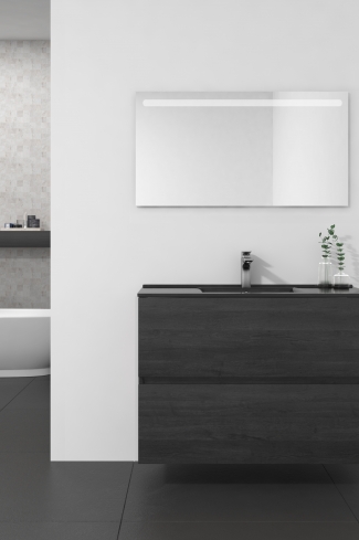 <p>
	Conjunto de mueble de baño realizado en material laminado de 19mm formado por dos cajones con sistema cierre suave . Lavabo en cristal templado de color negro y espejo con iluminación integrada incluidos.Grifo no incluido. Fabricado en España. </p>
