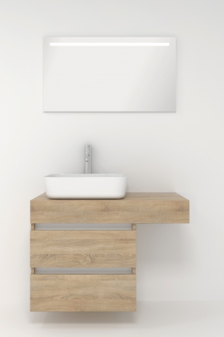 <p>
	Pack formado por mueble de baño de 100 cm realizado en material laminado madera. Está formado por dos módulos, uno fijo y otro con dos cajones de gran capacidad, totalmente extraibles y de cierre soft-closing. Incluye lavabo cerámico sobre encimera y espejo con iluminación LED de 100x50 cm. No incluye grifería. Made in Spain</p>
