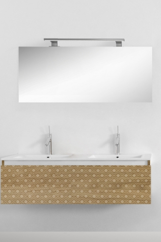 <p>
	Pack formado por mueble de 120 cm realizado en material laminado con frontal decorado mediante técnica láser. Cajón totalmente extraible y cierre soft-closing. Incluye lavabo cerámico de color blanco con dos senos, espejo y foco iluminación LED de 100cm. Fabricado en España.</p>
