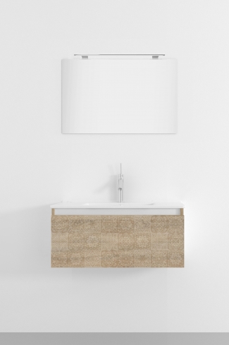 <p>
	Pack formado por mueble de 80 cm realizado en material laminado acabado madera con frontal decorado mediante técnica láser. Cajón totalmente extraible y cierre soft-closing. Incluye lavabo cerámico de color blanco, espejo y foco iluminación LED de 60cm. Fabricado en España.</p>
