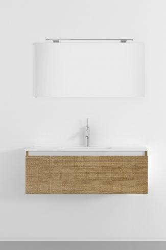 <p>
	Pack formado por mueble de 100 cm realizado en material laminado con frontal decorado mediante técnica láser. Cajón totalmente extraible y cierre soft-closing. Incluye lavabo cerámico de color blanco, espejo y foco iluminación LED de 80cm. Fabricado en España.</p>
