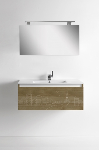 <p>
	Pack formado por mueble de 90 cm realizado en material laminado acabado madera con frontal decorado mediante técnica láser. Cajón totalmente extraible y cierre soft-closing. Incluye lavabo cerámico de color blanco, espejo liso  y un foco iluminación LED de 80cm. Fabricado en España.</p>
