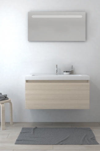 <p>
	Pack formado por mueble de baño realizado en tablero laminado con un cajón totalmente extraíble y cierre softclosing. Lavabo de resina y espejo con iluminación LED incluidos. Made in Europe.</p>
