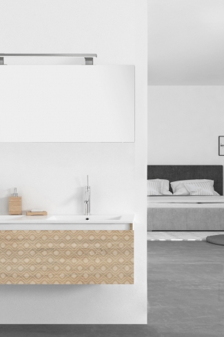<p>
	Pack formado por mueble de 120 cm realizado en material laminado con frontal decorado mediante técnica láser. Cajón totalmente extraible y cierre soft-closing. Incluye lavabo cerámico de color blanco con dos senos, espejo y foco iluminación LED de 100cm. Fabricado en España.</p>
