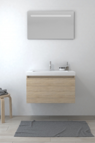 <p>
	Pack formado por mueble de baño realizado en tablero laminado con un cajón totalmente extraíble y cierre softclosing. Lavabo de resina y espejo con iluminación LED incluidos. Made in Europe.</p>
