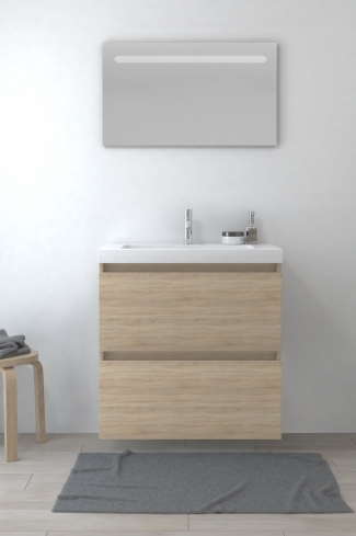<p>
	Pack formado por mueble de baño realizado en tablero laminado con dos cajones totalmente extraíbles y cierre softclosing. Lavabo de resina y espejo con iluminación LED incluidos. Made in Europe.</p>
