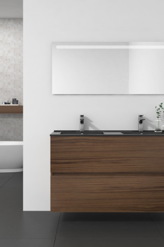<p>
	Conjunto de mueble de baño realizado en material laminado de 19mm formado por dos cajones con sistema cierre suave . Lavabo en cristal templado de color negro y espejo con iluminación integrada incluidos.Grifo no incluido. Fabricado en España. </p>
