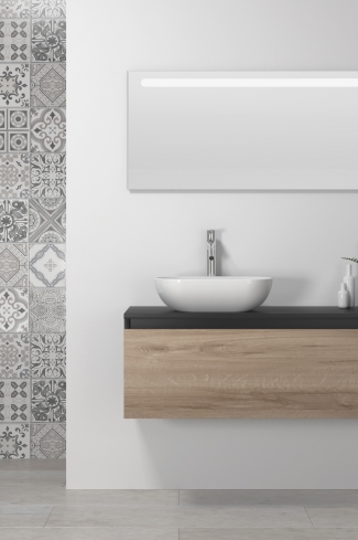 <p>
	Pack formado por mueble realizado en material laminado,  Cajón totalmente extraible y cierre soft-closing. Incluye lavabo cerámico sobreencimera y espejo con iluminación LED. Fabricado en España.</p>
