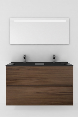 <p>
	Conjunto de mueble de baño realizado en material laminado de 19mm formado por dos cajones con sistema cierre suave . Lavabo en cristal templado de color negro y espejo con iluminación integrada incluidos.Grifo no incluido. Fabricado en España. </p>
