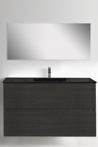 <p>
	Conjunto de mueble de baño realizado en material laminado color blanco de 19mm formado por dos cajones con sistema amortiguado suave . Lavabo en cristal templado de color negro, espejo e iluminación LED IP44-4,8W con driver interno y de color cromado incluidos.Grifo no incluido. Fabricado en España. </p>
