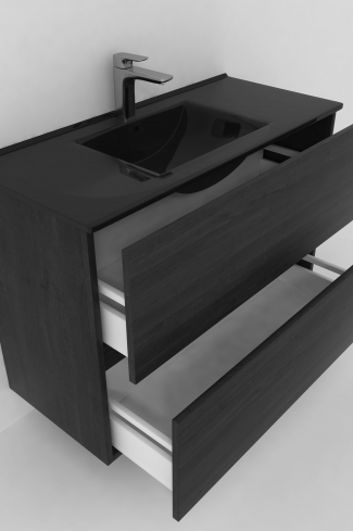 <p>
	Conjunto de mueble de baño realizado en material laminado de 19mm formado por dos cajones con sistema cierre suave . Lavabo en cristal templado de color negro y espejo con iluminación integrada incluidos.Grifo no incluido. Fabricado en España. </p>
