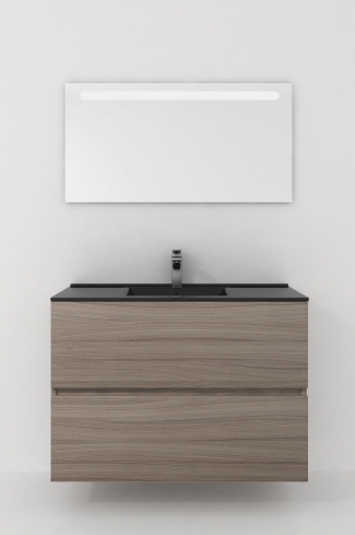 <p>
	Conjunto de mueble de baño realizado en material laminado de 19mm formado por dos cajones con sistema cierre suave . Lavabo en cristal templado de color negro y espejo con iluminación integrada incluidos.Grifo no incluido. Fabricado en España. </p>
