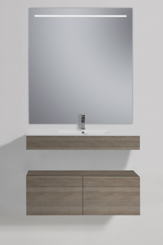 <p>
	Conjunto de mueble de baño realizado en material laminado color madera con microrelieve que le aporta mayor naturalidad de 19mm con tratamiento antibacteriano con cajón con sistema amortiguado suave . Lavabo cerámico de color blanco y espejo con iluminación integrada incluidos.Grifo no incluido. Fabricado en España. </p>
