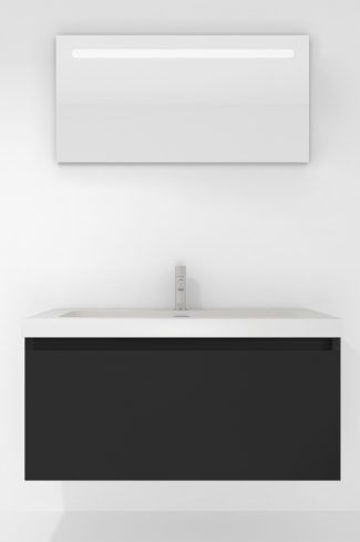 <p>
	Pack formado por mueble de baño realizado en tablero laminado con un cajón totalmente extraíble y cierre softclosing. Lavabo de resina y espejo con iluminación LED incluidos. Made in Europe.</p>

