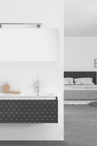 <p>
	Pack formado por mueble de 120 cm realizado en material laminado con frontal decorado mediante técnica láser. Cajón totalmente extraible y cierre soft-closing. Incluye lavabo cerámico de color blanco con dos senos, espejo y foco iluminación LED de 100cm. Fabricado en España.</p>
