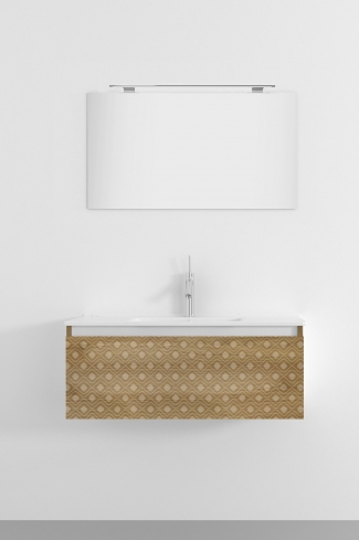 <p>
	Pack formado por mueble de 100 cm realizado en material laminado con frontal decorado mediante técnica láser. Cajón totalmente extraible y cierre soft-closing. Incluye lavabo cerámico de color blanco, espejo y foco iluminación LED de 80cm. Fabricado en España.</p>
