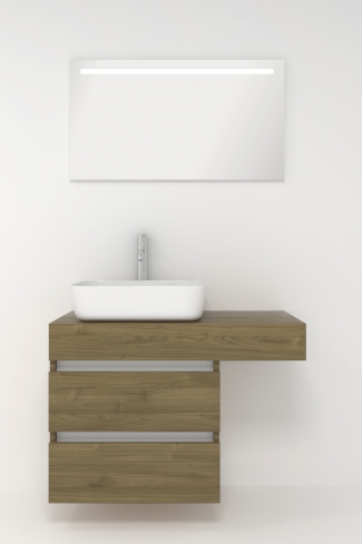 <p>
	Pack formado por mueble de baño de 100 cm realizado en material laminado madera. Está formado por dos módulos, uno fijo y otro con dos cajones de gran capacidad, totalmente extraibles y de cierre soft-closing. Incluye lavabo cerámico sobre encimera y espejo con iluminación LED de 100x50 cm. No incluye grifería. Made in Spain</p>
