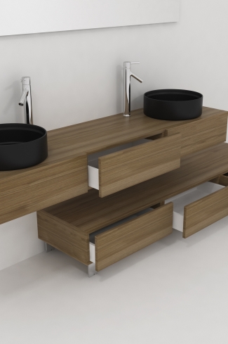 <p>
	Pack compuesto por dos muebles de baño realizados en tablero de partículas laminado de 19mm. Un mueble suspendido con un cajón con cierre suave y otro módulo con patas y tres cajones con cierre suave. Colgadores a pared capaces de soportar hasta 30 Kg por colgador. Cantos realizados en PVC de 1 mm. Dos lavabos sobreencimera a juego, espejo liso con foco iluminación LED de 100 cm de 9,6 W con 600 lumenes y temperatura de color de 6000 K LED incluidos. Fabricado en España. Grifo no incluido. </p>
