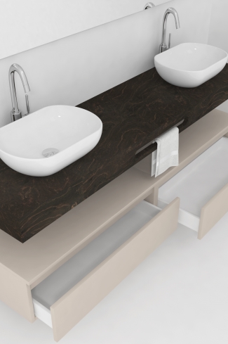 <p>
	Pack compuesto por mueble de baño fabricado en tablero de partículas laminado de 19mm acabado mate con dos cajones de gran capacidad, cierre suave y extracción total. Lavabo doble seno suspendido de mármol compacto con escuadras de acero inoxidable. Espejo liso y foco iluminación LED 6000K, 9,6W, 600lm. Fabricado en España. Grifo no incluido. </p>
