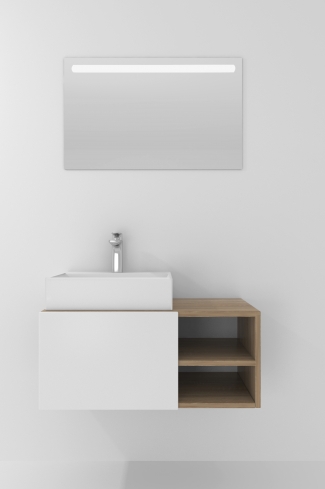<p>
	Pack compuesto por mueble de baño realizado en material laminado, formado por una puerta blanco mate y un espacio decorativo. Bisagras con cierre softclosing testadas a 80.000 ciclos regulables en los tres ejes. Colgadores a pared capaces de soportar hasta 30 Kg por colgador. Cantos realizados en PVC de 1mm. Incluye lavabo sobreencimera y espejo con iluminación LED. Fabricado en España</p>
