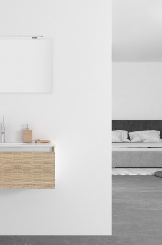 <p>
	Pack formado por mueble de 100 cm realizado en material laminado con frontal decorado mediante técnica láser. Cajón totalmente extraible y cierre soft-closing. Incluye lavabo cerámico de color blanco, espejo y foco iluminación LED de 80cm. Fabricado en España.</p>
