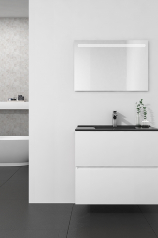 <p>
	Conjunto de mueble de baño realizado en material laminado color blanco de 19mm formado por dos cajones con sistema cierre suave . Lavabo en cristal templado de color negro y espejo con iluminación integrada incluidos.Grifo no incluido. Fabricado en España. </p>

