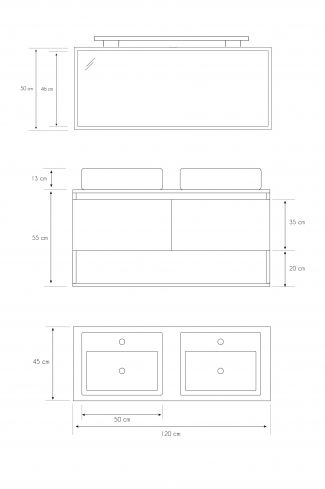<p>
	Pack compuesto por mueble de baño realizado en material laminado, formado por dos puertas y un espacio decorativo inferior, cantos en negro. Bisagras con cierre softclosing testadas a 80.000 ciclos regulables en los tres ejes. Colgadores a pared capaces de soportar hasta 30 Kg por colgador. Cantos realizados en PVC de 1mm. Incluye dos lavabos sobreencimera y foco iluminación LED. Fabricado en España</p>
