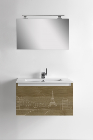 <p>
	Pack formado por mueble de 60 cm realizado en material laminado acabado madera con frontal decorado mediante técnica láser. Cajón totalmente extraible y cierre soft-closing. Incluye lavabo cerámico de color blanco, espejo liso  y un foco iluminación LED de 60cm. Fabricado en España.</p>
