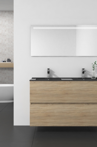 <p>
	Conjunto de mueble de baño realizado en material laminado de 19mm formado por dos cajones con sistema cierre suave . Lavabo en cristal templado de color negro y espejo con iluminación integrada incluidos.Grifo no incluido. Fabricado en España. </p>

