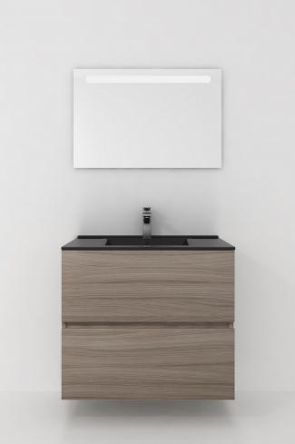 <p>
	Conjunto de mueble de baño realizado en material laminado de 19mm formado por dos cajones con sistema cierre suave . Lavabo en cristal templado de color negro y espejo con iluminación integrada incluidos.Grifo no incluido. Fabricado en España. </p>
