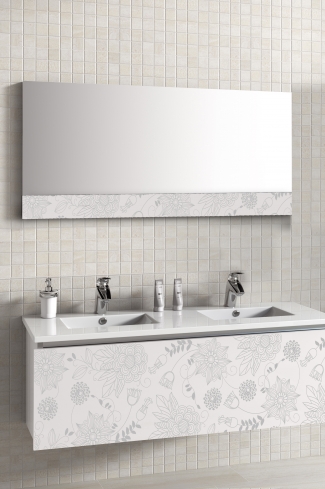 <p>
	Conjunto de mueble de baño realizado en material estratificado alto brillo de 19 mm con cajón con sistema amortiguado suave y decoración realizado mediante técnica láser. Lavabo cerámico de color blanco incluido de doble seno y espejo sobre tablero con decoración láser 44x120 incluidos.Grifo no incluido. Fabricado en España.</p>

