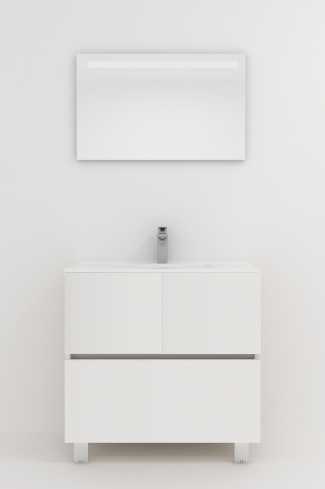 <p>
	Pack compuesto por mueble de baño realizado en material laminado, formado por dos puertas y un cajón inferior. Bisagras con cierre softclosing testadas a 80.000 ciclos regulables en los tres ejes. Colgadores a pared capaces de soportar hasta 30 Kg por colgador. Patas aluminio acabado cromo brillo. Cantos realizados en PVC de 1mm. Incluye lavabo cerámica y espejo con iluminación LED. Fabricado en España</p>
