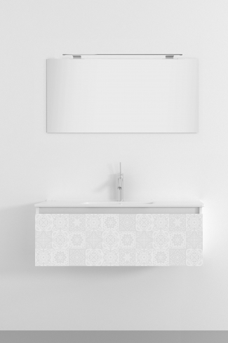 <p>
	Pack formado por mueble de 100 cm realizado en material estratificado alto brillo con frontal decorado mediante técnica láser. Cajón totalmente extraible y cierre soft-closing. Incluye lavabo cerámico de color blanco, espejo y foco iluminación LED de 80cm. Fabricado en España.</p>
