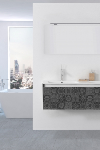 <p>
	Pack formado por mueble de 120 cm realizado en material laminado con frontal decorado mediante técnica láser. Cajón totalmente extraible y cierre soft-closing. Incluye lavabo cerámico de color blanco con dos senos, espejo y foco iluminación LED de 100cm. Fabricado en España.</p>
