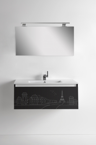 <p>
	Pack formado por mueble de 90 cm realizado en material estratificado alto brillo con frontal decorado mediante técnica láser. Cajón totalmente extraible y cierre soft-closing. Incluye lavabo cerámico de color blanco, espejo liso  y un foco iluminación LED de 80cm. Fabricado en España.</p>
