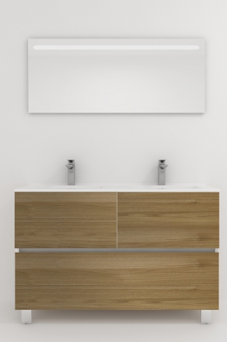<p>
	Pack compuesto por mueble de baño realizado en material laminado, formado por dos puertas y un cajón inferior. Bisagras con cierre softclosing testadas a 80.000 ciclos regulables en los tres ejes. Colgadores a pared capaces de soportar hasta 30 Kg por colgador. Patas aluminio acabado cromo brillo. Cantos realizados en PVC de 1mm. Incluye lavabo cerámica y espejo con iluminación LED. Fabricado en España</p>
