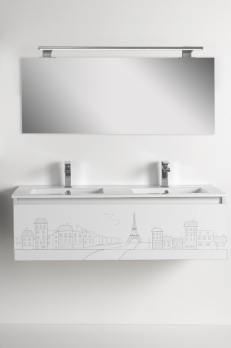 <p>
	Pack formado por mueble de 120 cm realizado en material estratificado alto brillo con frontal decorado mediante técnica láser. Cajón totalmente extraible y cierre soft-closing. Incluye lavabo cerámico de color blanco, espejo liso  y un foco iluminación LED de 100cm. Fabricado en España.</p>
