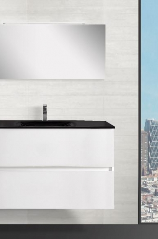<p>
	Conjunto de mueble de baño realizado en material laminado color blanco de 19mm formado por dos cajones con sistema amortiguado suave . Lavabo en cristal templado de color negro, espejo e iluminación LED IP44-4,8W con driver interno y de color cromado incluidos.Grifo no incluido. Fabricado en España. </p>
