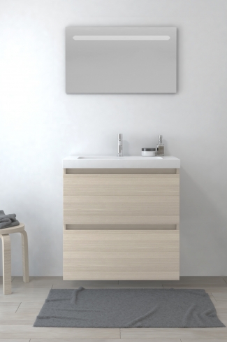 <p>
	Pack formado por mueble de baño realizado en tablero laminado con dos cajones totalmente extraíbles y cierre softclosing. Lavabo de resina y espejo con iluminación LED incluidos. Made in Europe.</p>
