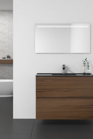 <p>
	Conjunto de mueble de baño realizado en material laminado de 19mm formado por dos cajones con sistema cierre suave . Lavabo en cristal templado de color negro y espejo con iluminación integrada incluidos.Grifo no incluido. Fabricado en España. </p>

