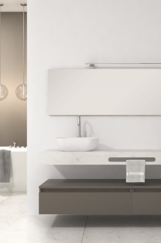 <p>
	Pack compuesto por mueble de baño fabricado en tablero de partículas laminado de 19mm acabado mate con dos cajones de gran capacidad, cierre suave y extracción total. Lavabo doble seno suspendido de mármol compacto con escuadras de acero inoxidable. Espejo liso y foco iluminación LED 6000K, 9,6W, 600lm. Fabricado en España. Grifo no incluido. </p>
