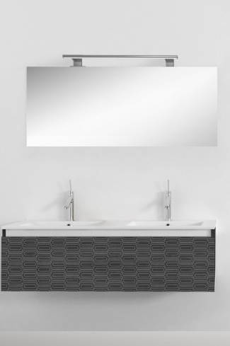 <p>
	Pack formado por mueble de 120 cm realizado en material laminado con frontal decorado mediante técnica láser. Cajón totalmente extraible y cierre soft-closing. Incluye lavabo cerámico de color blanco con dos senos, espejo y foco iluminación LED de 100cm. Fabricado en España.</p>
