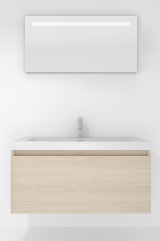 <p>
	Pack formado por mueble de baño realizado en tablero laminado con un cajón totalmente extraíble y cierre softclosing. Lavabo de resina y espejo con iluminación LED incluidos. Made in Europe.</p>
