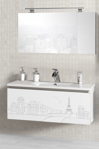 <p>
	Pack formado por mueble de 90 cm realizado en material estratificado alto brillo con frontal decorado mediante técnica láser. Cajón totalmente extraible y cierre soft-closing. Incluye lavabo cerámico de color blanco, espejo liso  y un foco iluminación LED de 80cm. Fabricado en España.</p>

