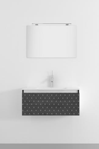 <p>
	Pack formado por mueble de 80 cm realizado en material laminado acabado madera con frontal decorado mediante técnica láser. Cajón totalmente extraible y cierre soft-closing. Incluye lavabo cerámico de color blanco, espejo y foco iluminación LED de 60cm. Fabricado en España.</p>
