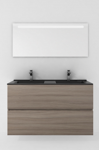 <p>
	Conjunto de mueble de baño realizado en material laminado de 19mm formado por dos cajones con sistema cierre suave . Lavabo en cristal templado de color negro y espejo con iluminación integrada incluidos.Grifo no incluido. Fabricado en España. </p>
