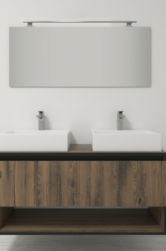 <p>
	Pack compuesto por mueble de baño realizado en material laminado, formado por dos puertas y un espacio decorativo inferior, cantos en negro. Bisagras con cierre softclosing testadas a 80.000 ciclos regulables en los tres ejes. Colgadores a pared capaces de soportar hasta 30 Kg por colgador. Cantos realizados en PVC de 1mm. Incluye dos lavabos sobreencimera y foco iluminación LED. Fabricado en España</p>
